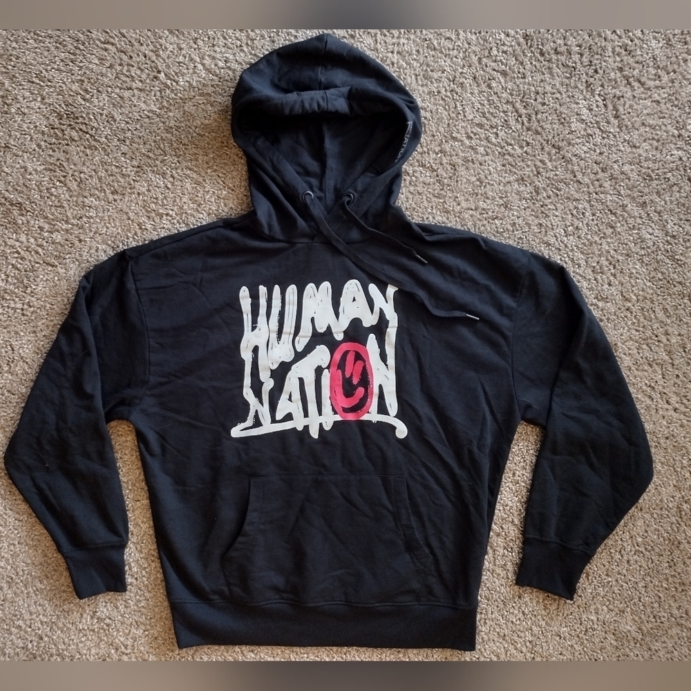Human Nation Black Smiley Face Pullover Hoodie NWOT
